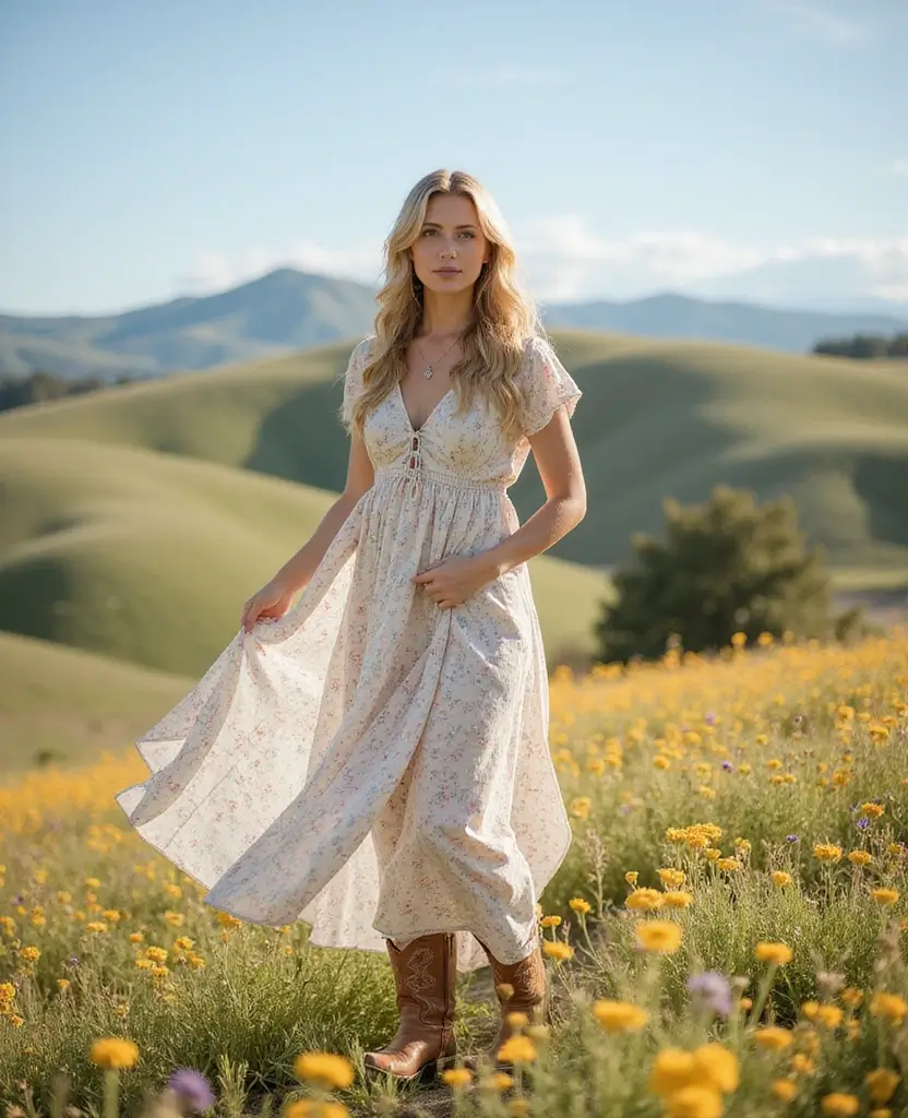 25 Dress and Cowboy Boots Outfits for a Western Chic Look - 1. Flowy Maxi Dress with Tan Cowboy Boots