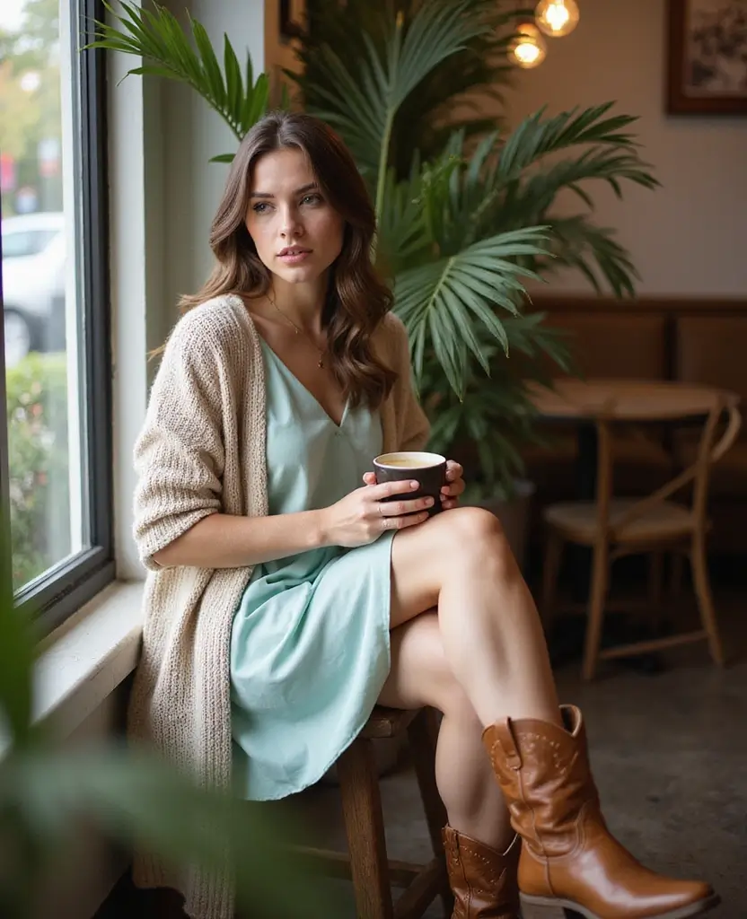 25 Dress and Cowboy Boots Outfits for a Western Chic Look - 12. Long Cardigan with a Casual Dress