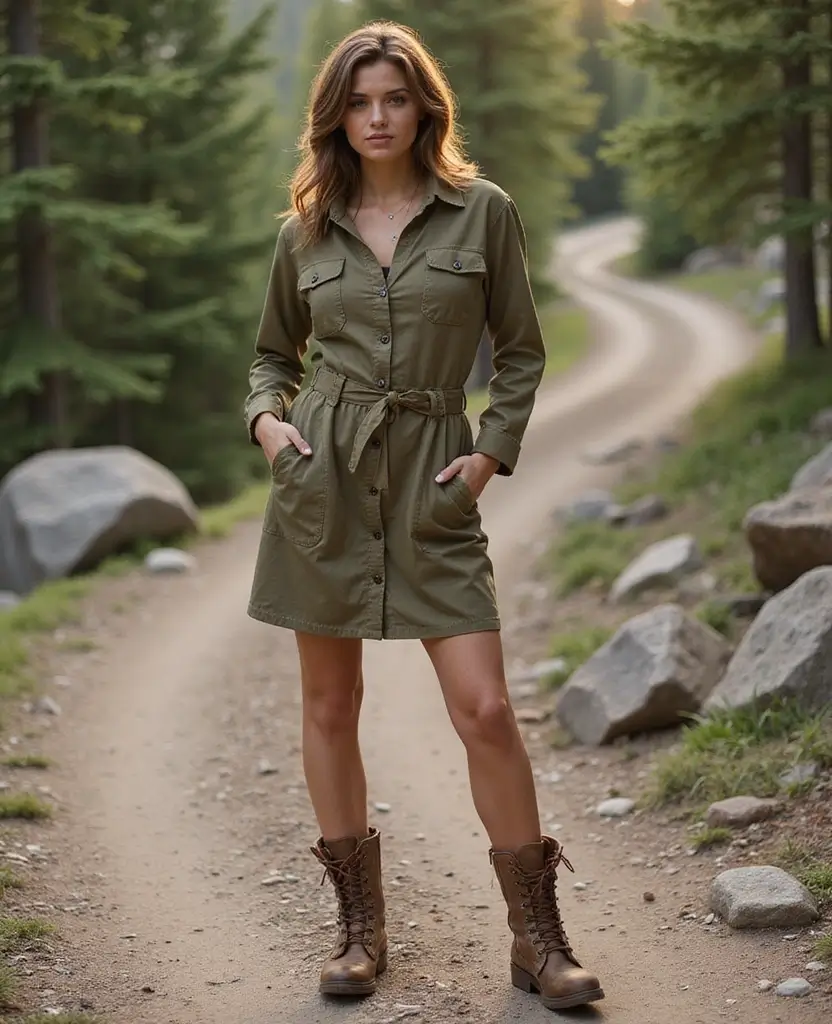 25 Dress and Cowboy Boots Outfits for a Western Chic Look - 15. Utility Dress with Combat Boots