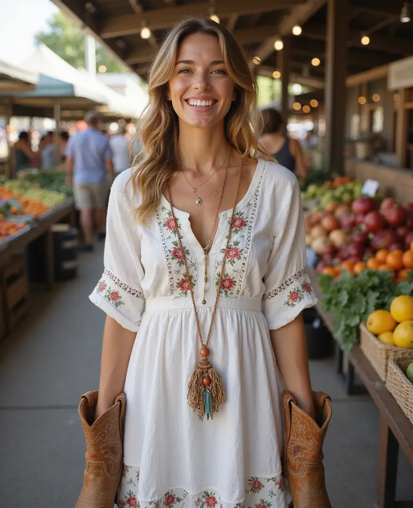 25 Dress and Cowboy Boots Outfits for a Western Chic Look - 16. Peasant Dress with Western Boots