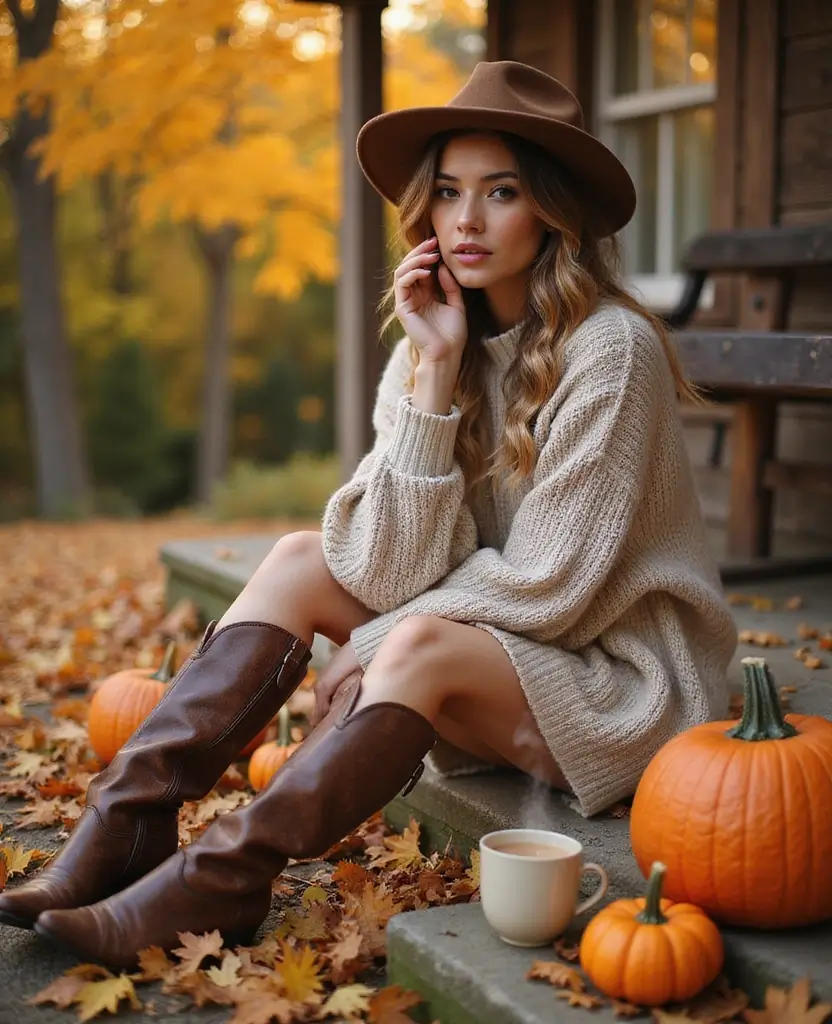 25 Dress and Cowboy Boots Outfits for a Western Chic Look - 17. Sweater Dress with Knee-High Boots