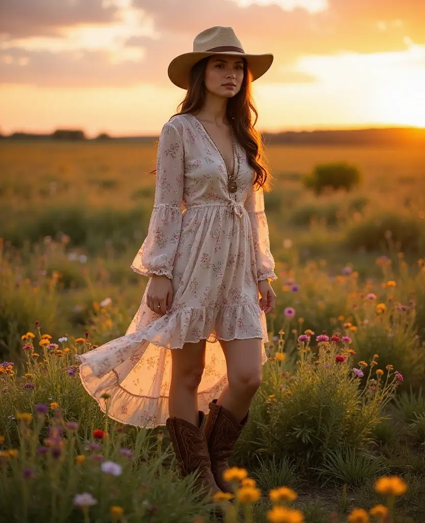 25 Dress and Cowboy Boots Outfits for a Western Chic Look - 7. Long-Sleeve Dress with Cowgirl Hat