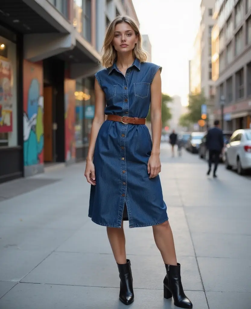 25 Jean Dress Outfits You’ll Want to Copy - 12. Denim Dress with a Belt for a Structured Look