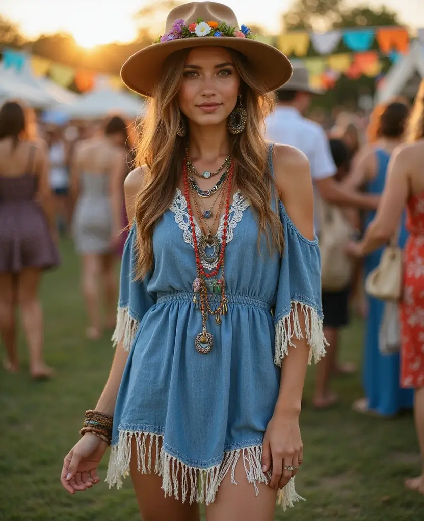 25 Jean Dress Outfits You’ll Want to Copy - 7. Boho-Inspired Denim Dress with Fringe
