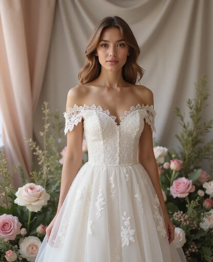 25 Lace Wedding Dresses for Timeless Romance - 5. Off-the-Shoulder Charm