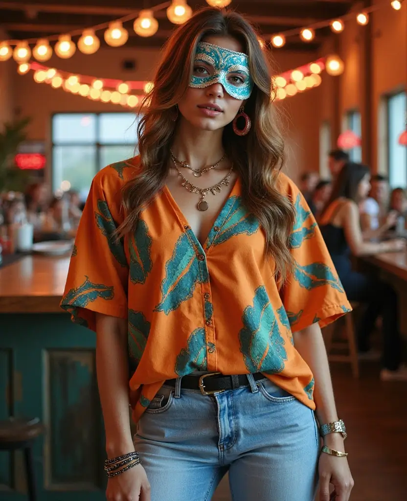 25 Masquerade Outfit Ideas for a Mysterious Night - 12. Layered Jeans and a Statement Top
