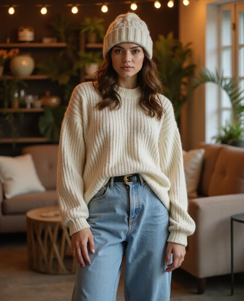 25 Masquerade Outfit Ideas for a Mysterious Night - 16. Wide-Leg Jeans and a Cozy Knit Top