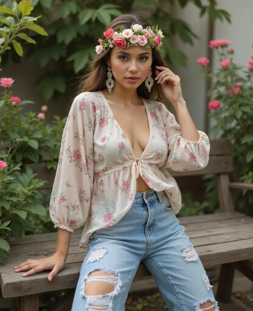 25 Masquerade Outfit Ideas for a Mysterious Night - 2. Distressed Jeans and Floral Blouse