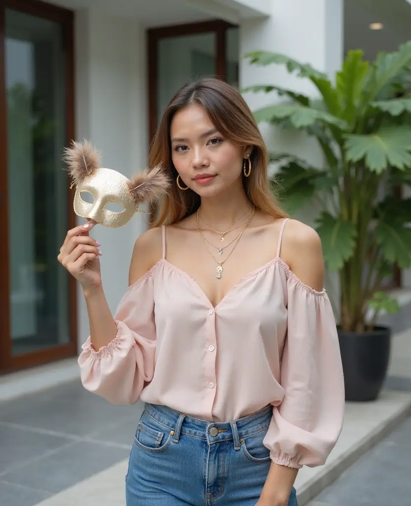 25 Masquerade Outfit Ideas for a Mysterious Night - 7. Straight-Leg Jeans and Off-Shoulder Blouse
