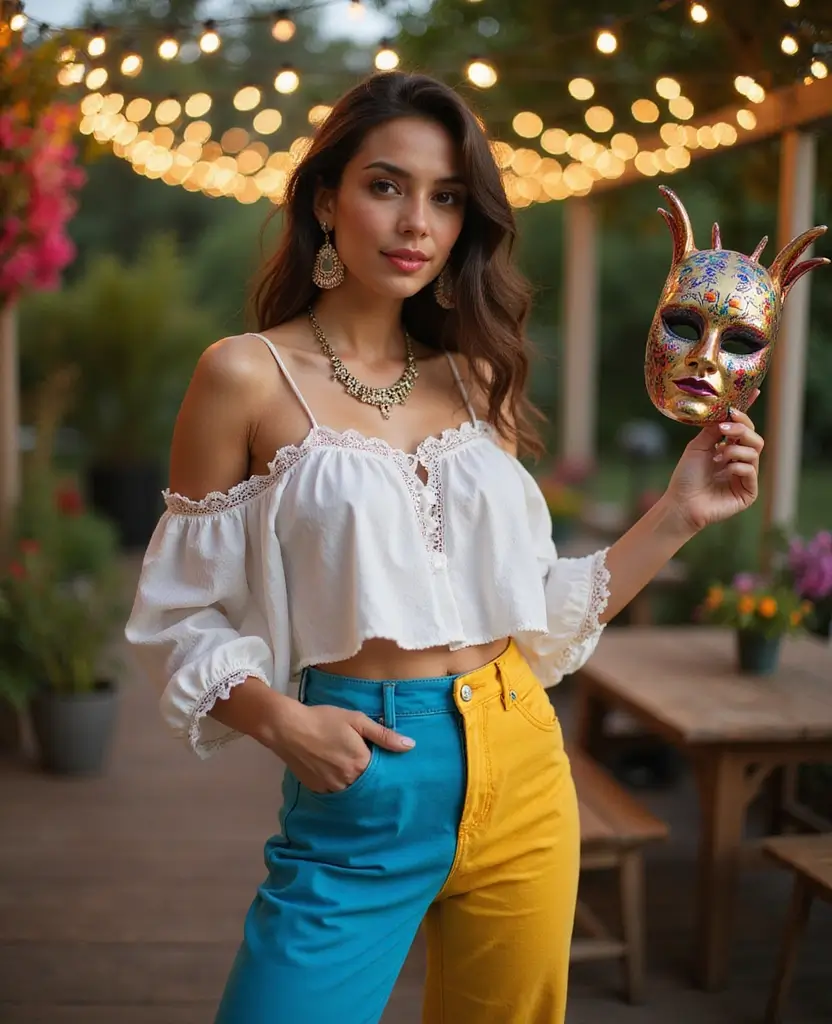 25 Masquerade Outfit Ideas for a Mysterious Night - 9. Colored Jeans and a Ruffled Top
