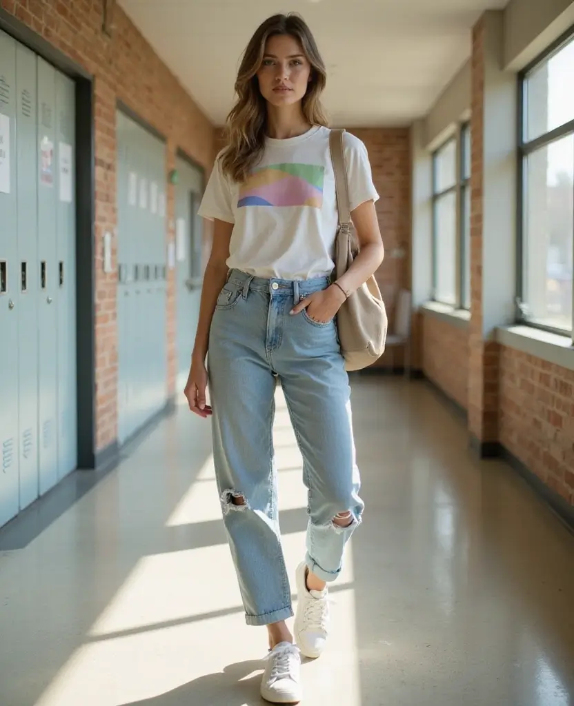 25 School Dress Code Outfit Ideas That Still Look Cute - 1. Organic Cotton Graphic Tee with High-Waisted Jeans