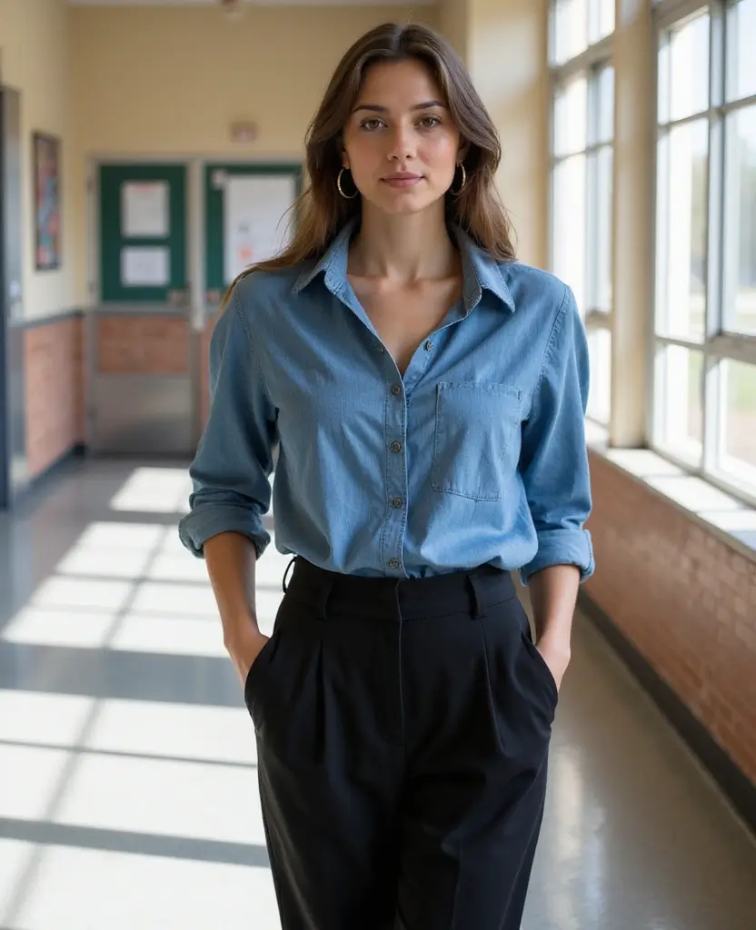 25 School Dress Code Outfit Ideas That Still Look Cute - 10. Chambray Shirt with Black Trousers