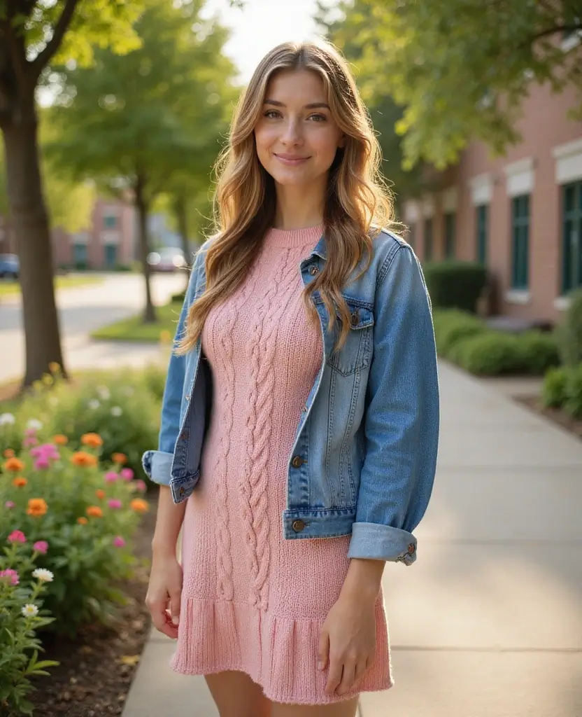 25 School Dress Code Outfit Ideas That Still Look Cute - 17. Knit Dress with a Jean Jacket