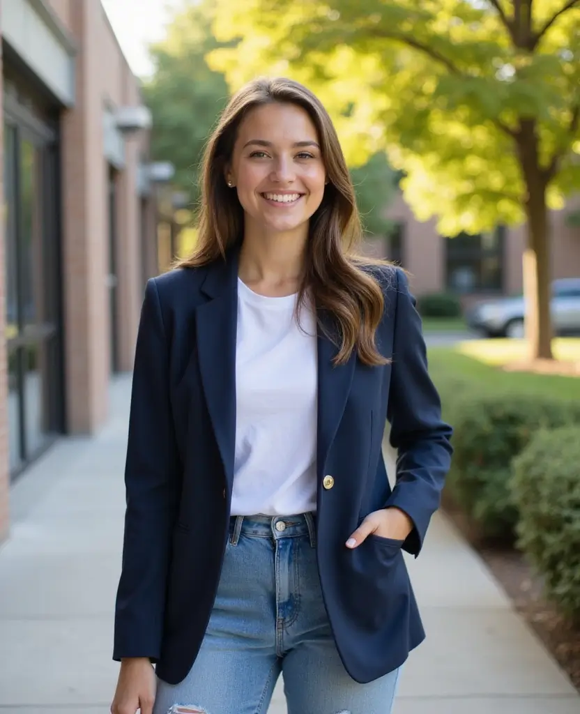25 School Dress Code Outfit Ideas That Still Look Cute - 20. Casual Blazer with a T-Shirt and Jeans