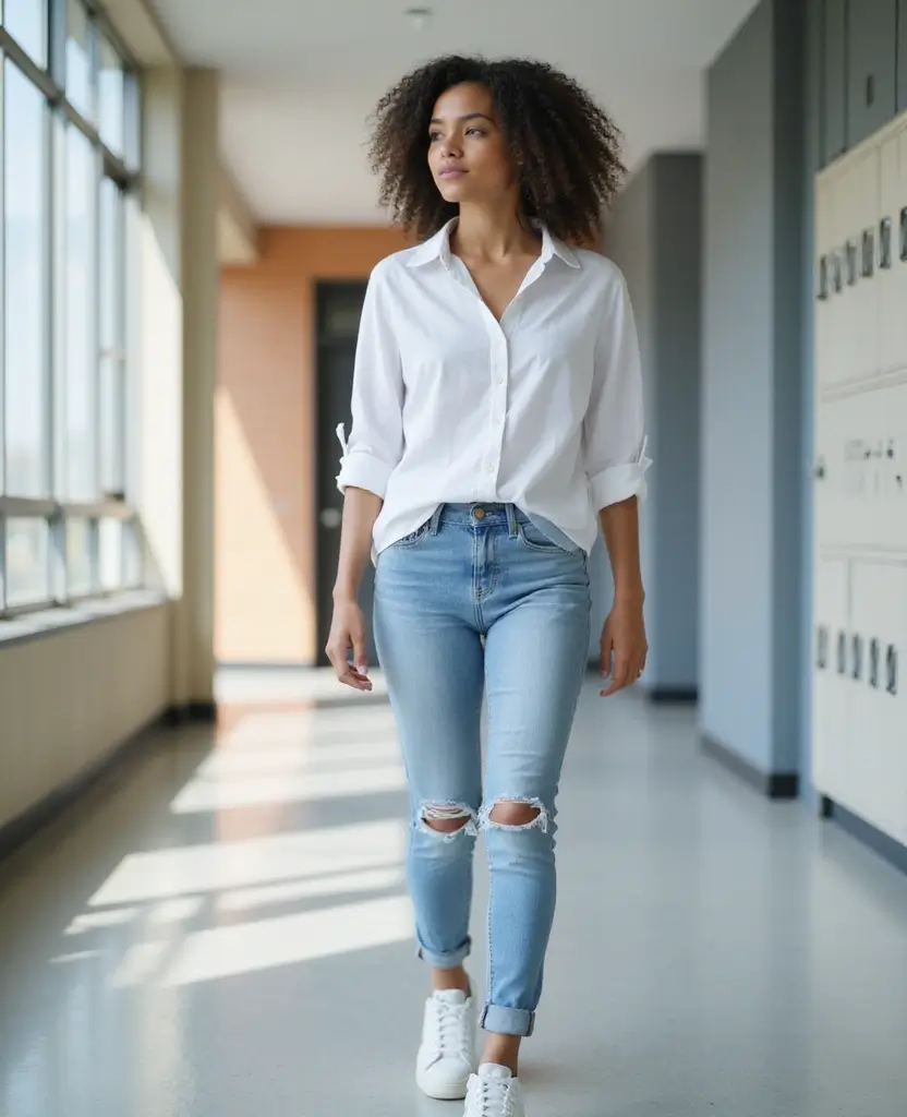 25 School Dress Code Outfit Ideas That Still Look Cute - 23. Classic White Shirt with Distressed Jeans