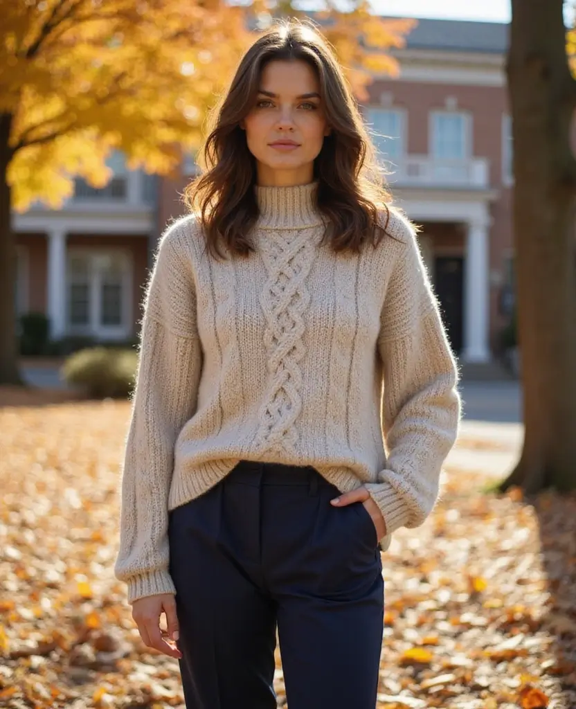 25 School Dress Code Outfit Ideas That Still Look Cute - 24. Chunky Knit Sweater with Slim Fit Trousers