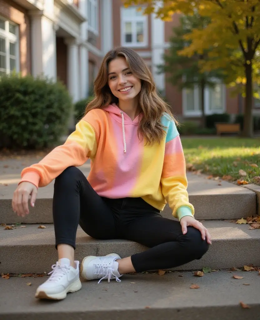 25 School Dress Code Outfit Ideas That Still Look Cute - 25. Colorful Hoodie with Black Leggings