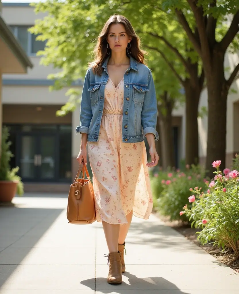 25 School Dress Code Outfit Ideas That Still Look Cute - 5. Eco-Friendly Midi Dress with a Denim Jacket