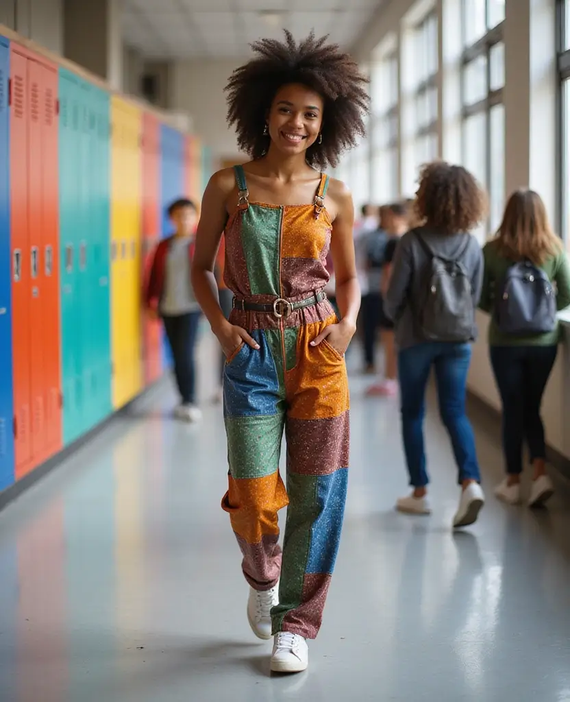 25 School Dress Code Outfit Ideas That Still Look Cute - 7. Upcycled Fabric Jumpsuit with Sneakers