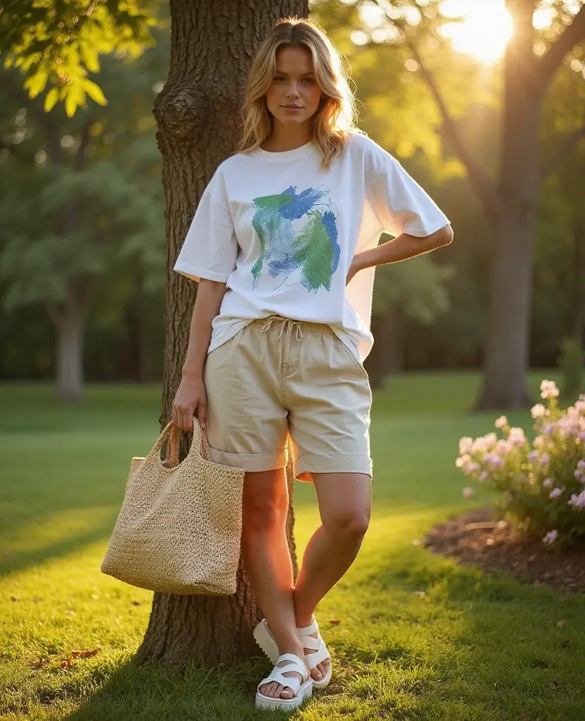 25 Shorts Outfit Ideas for Warm Weather Days - 1. Linen Shorts with an Oversized Tee