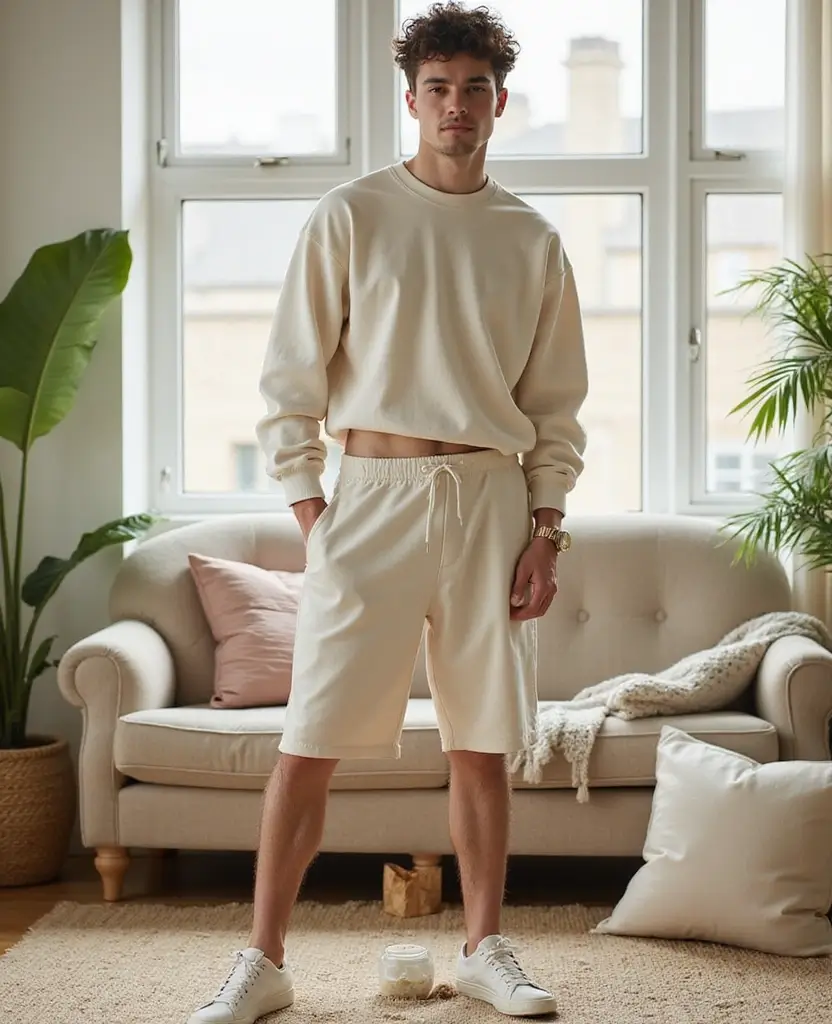 25 Shorts Outfit Ideas for Warm Weather Days - 13. Sweat Shorts with a Cropped Sweatshirt