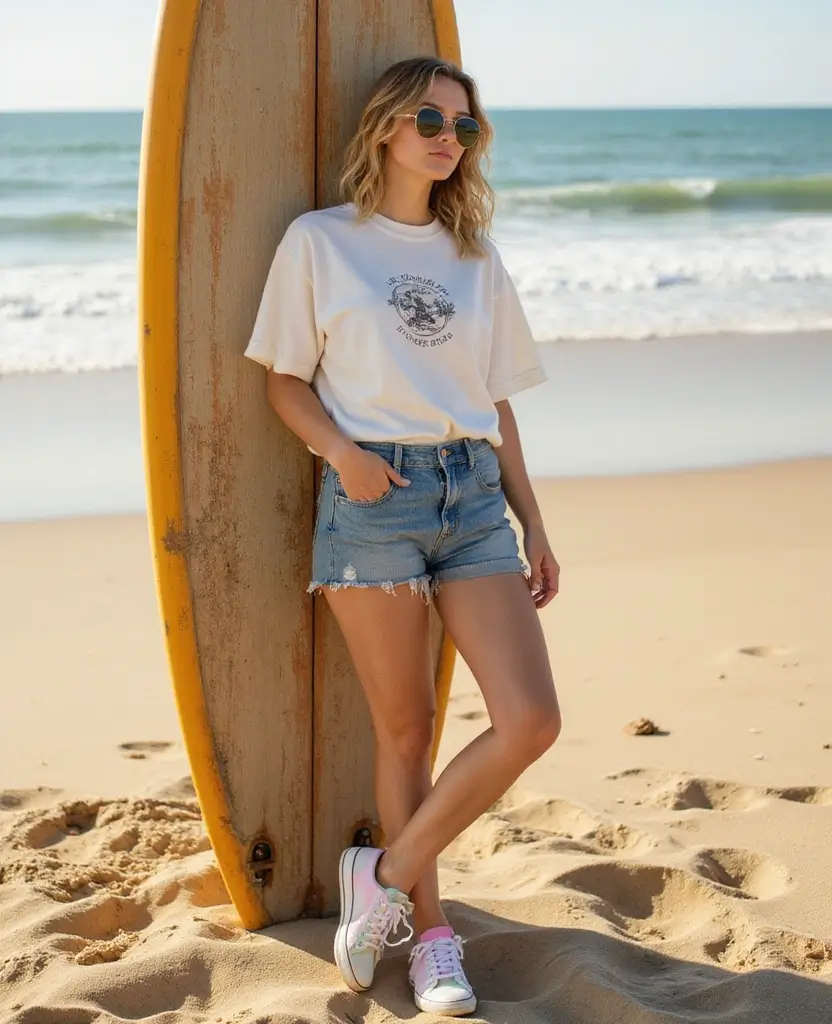 25 Shorts Outfit Ideas for Warm Weather Days - 16. Vintage Shorts with a Casual Tee