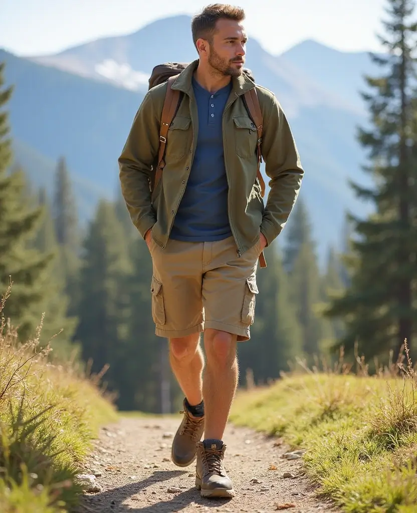 25 Shorts Outfit Ideas for Warm Weather Days - 18. Softshell Cargo Shorts with a Henley Shirt