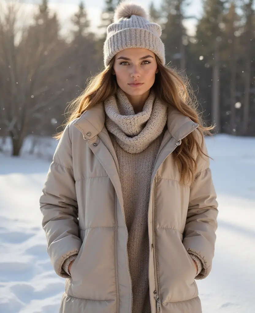 25 Winter Outfit Ideas for Staying Warm in Style - 11. Ethical Down Jacket with Sweater Dress