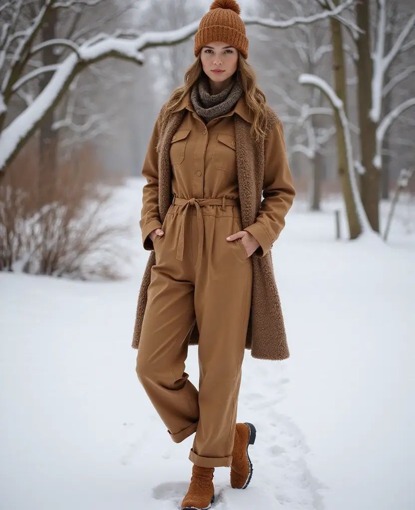 25 Winter Outfit Ideas for Staying Warm in Style - 13. Winter Jumpsuit with Sustainable Footwear