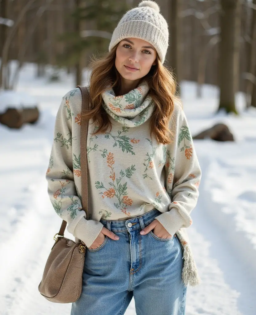25 Winter Outfit Ideas for Staying Warm in Style - 18. Eco-Friendly Casual Wear with Fun Prints