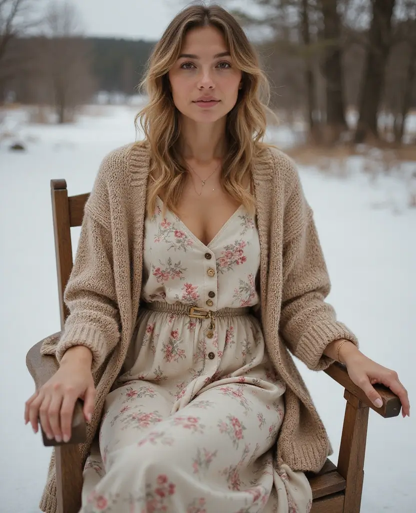 25 Winter Outfit Ideas for Staying Warm in Style - 3. Layered Midi Dress with a Thrifted Cardigan