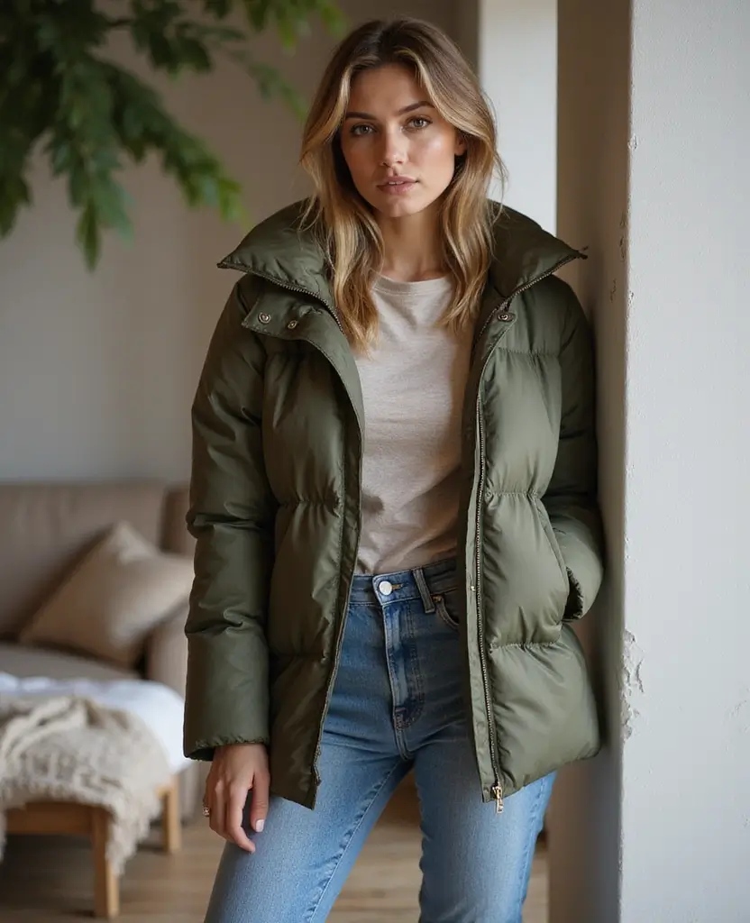25 Winter Outfit Ideas for Staying Warm in Style - 4. Sustainable Puffer Jacket with High-Waisted Jeans