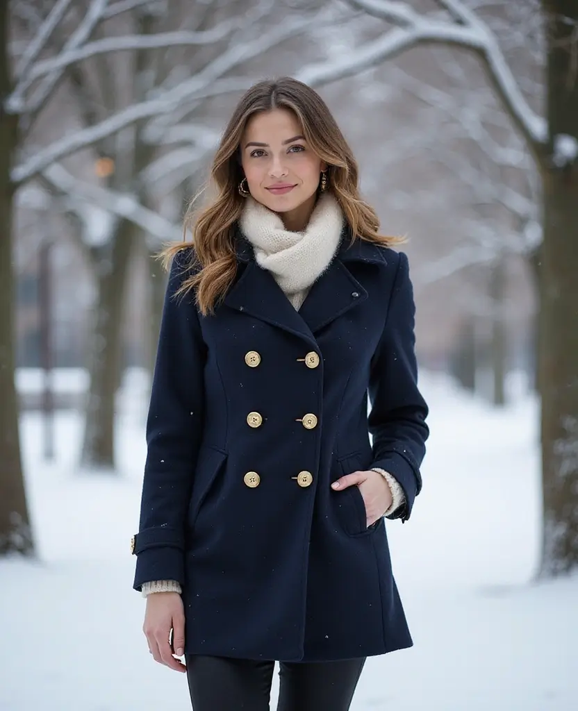 27 Stunning Outfit Ideas for Women to Try Right Now - 26. Charming Peacoat with Scarf
