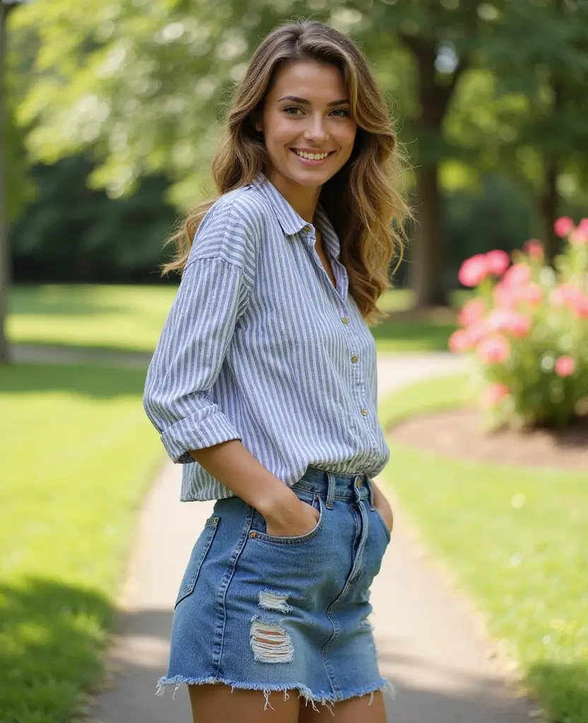 28 Outfit Ideas for Women to Elevate Your Everyday Style - 14. Striped Shirt with a Denim Skirt