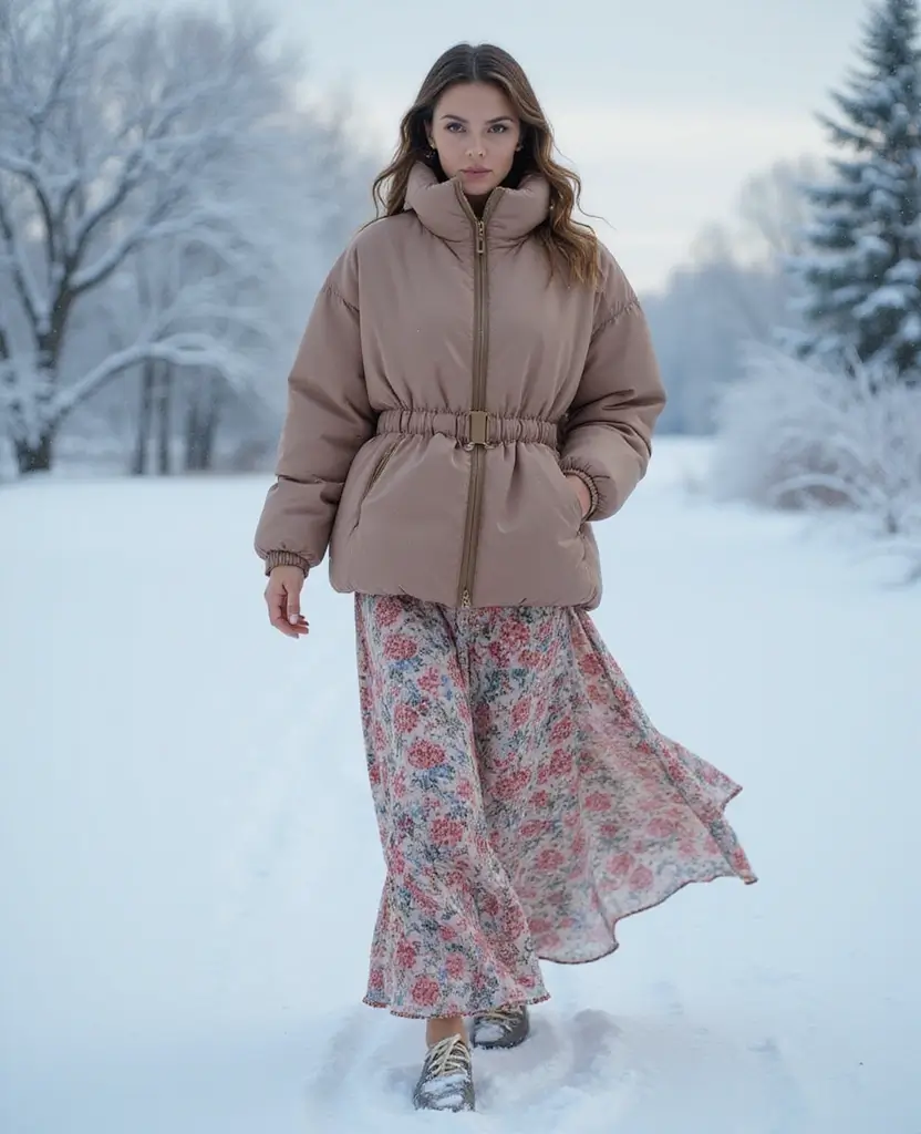 28 Outfit Ideas for Women to Elevate Your Everyday Style - 26. Cozy Puffer Jacket Over a Maxi Dress
