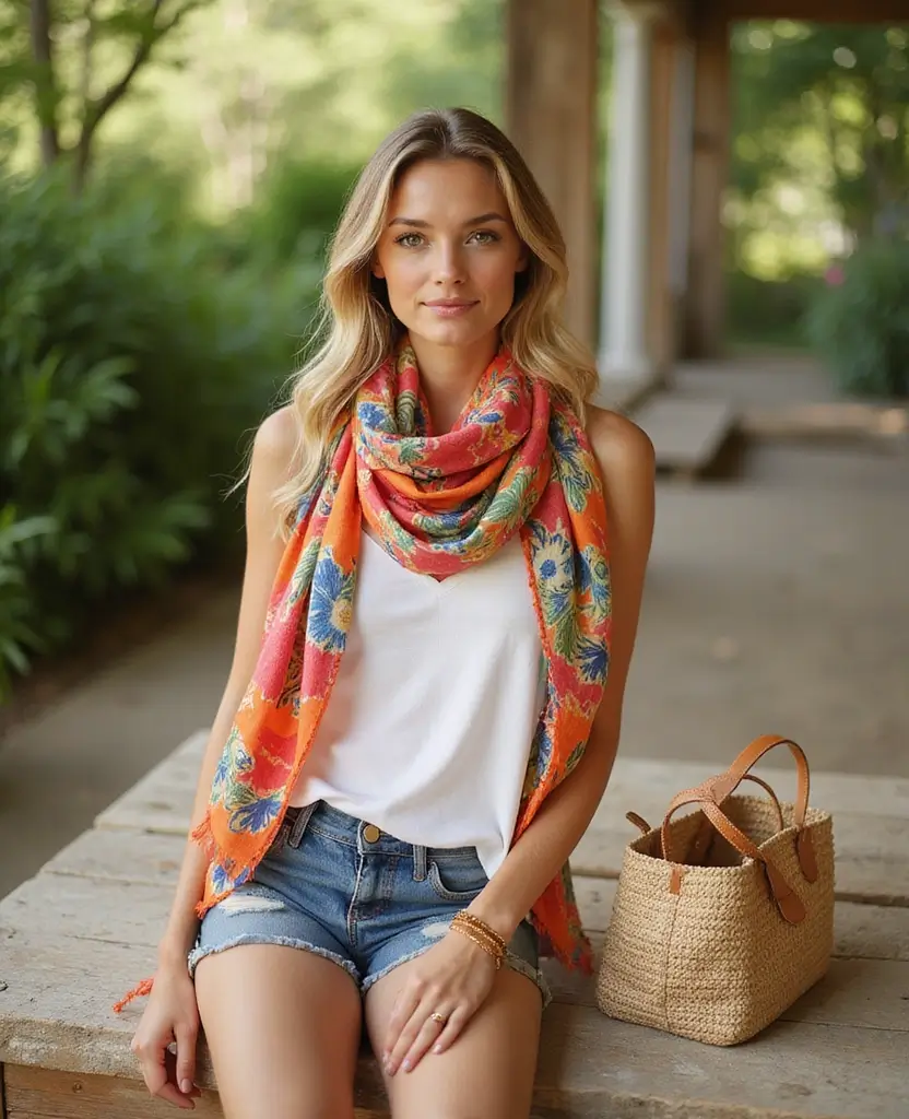29 Summer Casual Outfit Ideas to Keep You Cool & Stylish - 27. Summer Scarf with a Simple Outfit