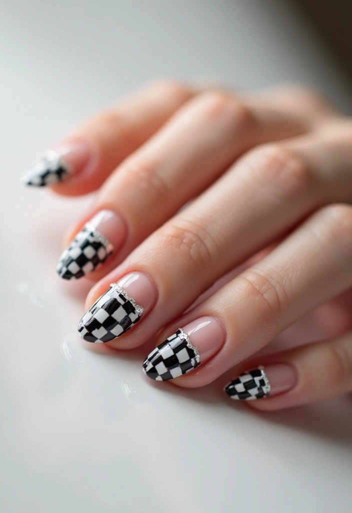 25 Elegant Nail Inspo Almond French Tip Designs - 18. Checkerboard Pattern