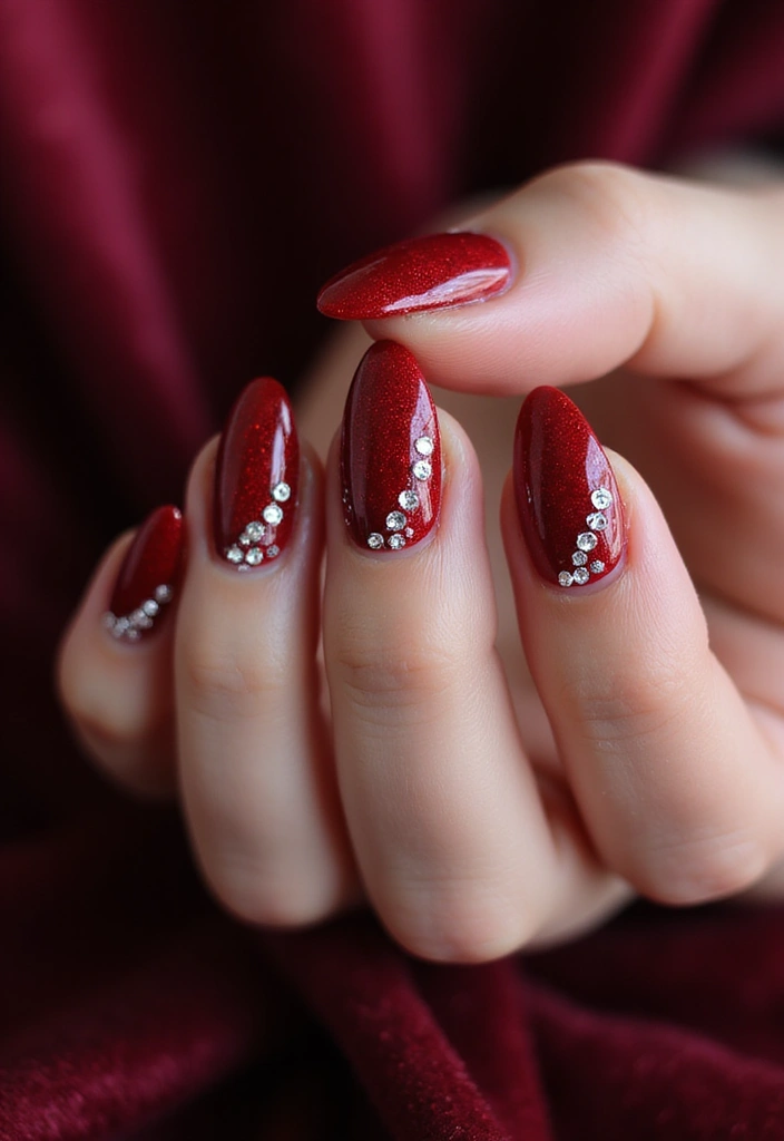 26 Timeless Red Nail Inspo Almond Designs for Any Occasion - 10. Velvet Red with Rhinestones