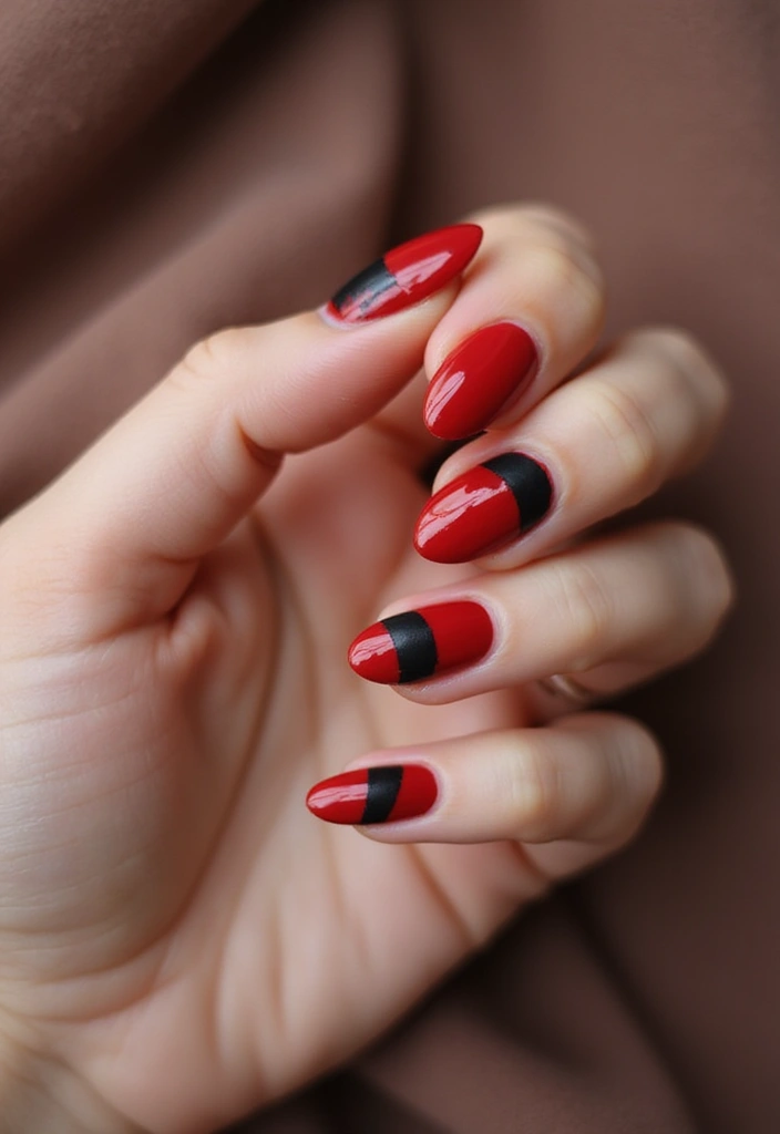 26 Timeless Red Nail Inspo Almond Designs for Any Occasion - 15. Red and Black Stripes