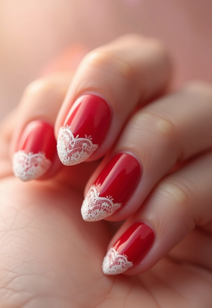 26 Timeless Red Nail Inspo Almond Designs for Any Occasion - 20. Romantic Red with Lace Detail