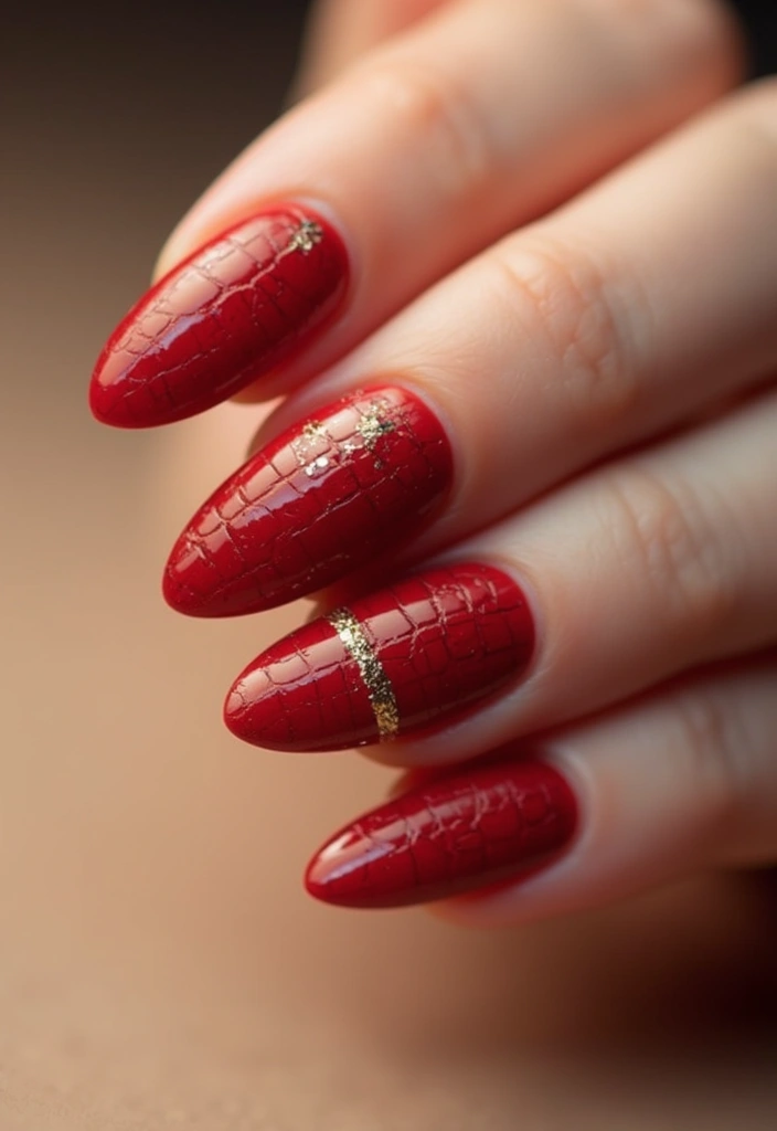 26 Timeless Red Nail Inspo Almond Designs for Any Occasion - 21. Glossy Red with Leather Texture