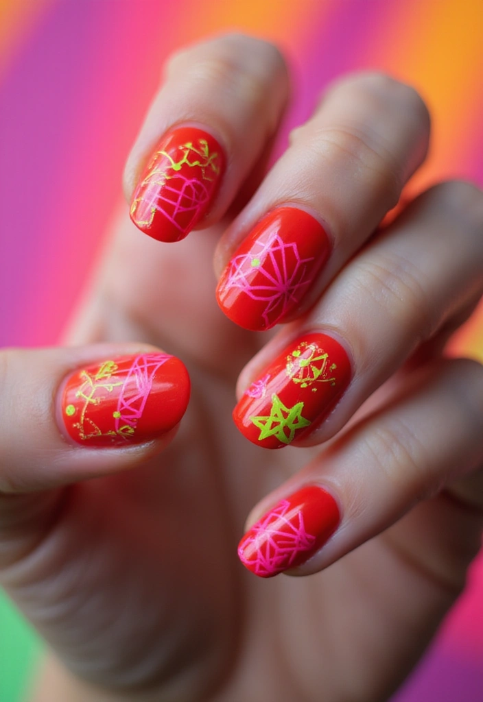 26 Timeless Red Nail Inspo Almond Designs for Any Occasion - 23. Vibrant Red with Neon Accents