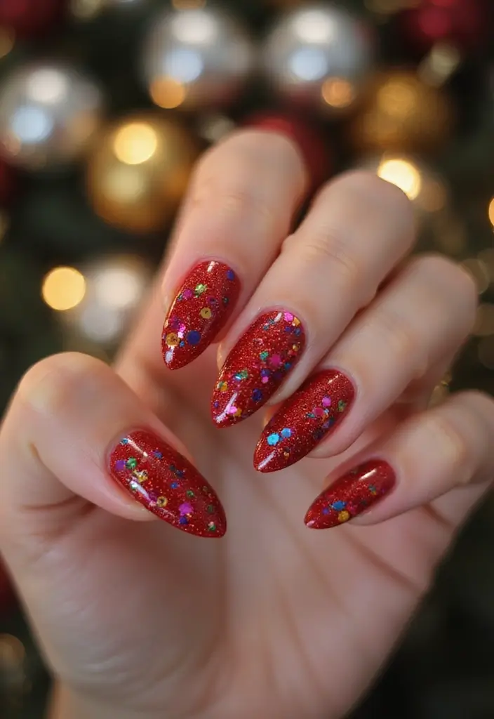 26 Timeless Red Nail Inspo Almond Designs for Any Occasion - 26. Sparkling Red with Confetti