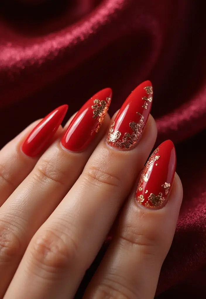 26 Timeless Red Nail Inspo Almond Designs for Any Occasion - 7. Luxurious Gold Foil Accents