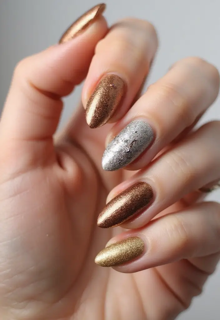 27 Magical Aura Nail Inspo Almond Ideas Trending This Year - 12. Metallic Mood