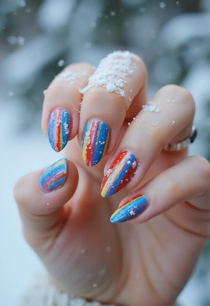 28 Cozy & Chic Nail Inspo Almond Winter Designs - 13. Sledding Stripes