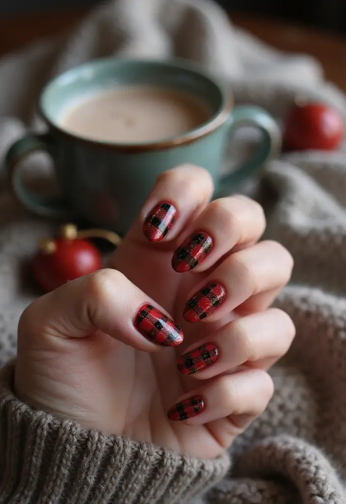 28 Cozy & Chic Nail Inspo Almond Winter Designs - 14. Cozy Flannel