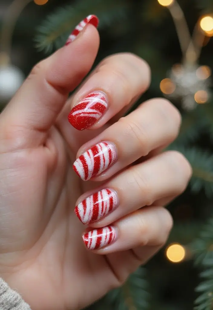 28 Cozy & Chic Nail Inspo Almond Winter Designs - 25. Candy Cane Twist