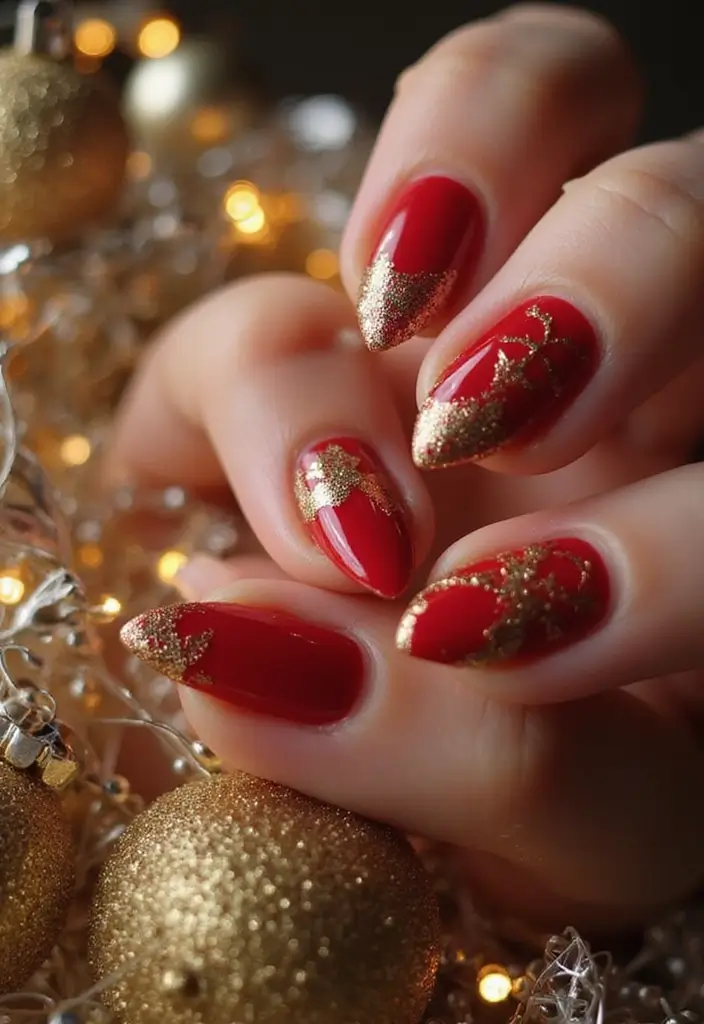 28 Cozy & Chic Nail Inspo Almond Winter Designs - 4. Festive Red & Gold