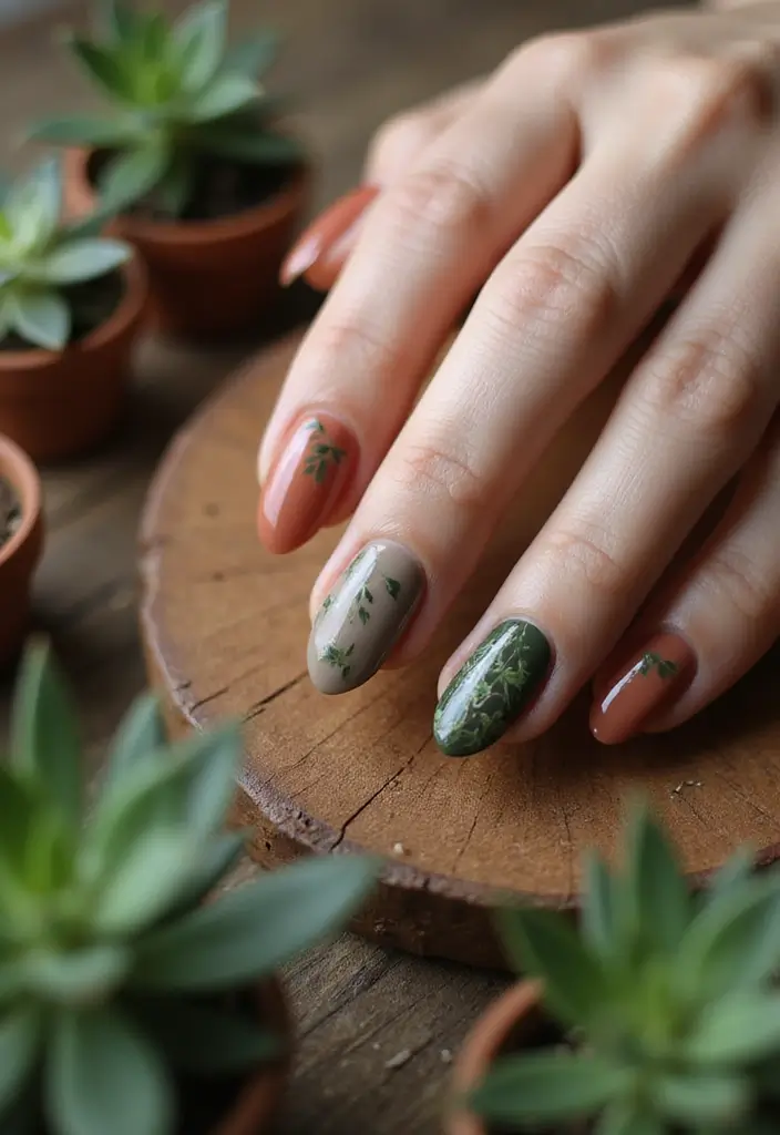 28 Fresh Gel X Nail Inspo Almond Designs You’ll Adore - 1. Earthy Tones with Leaf Patterns